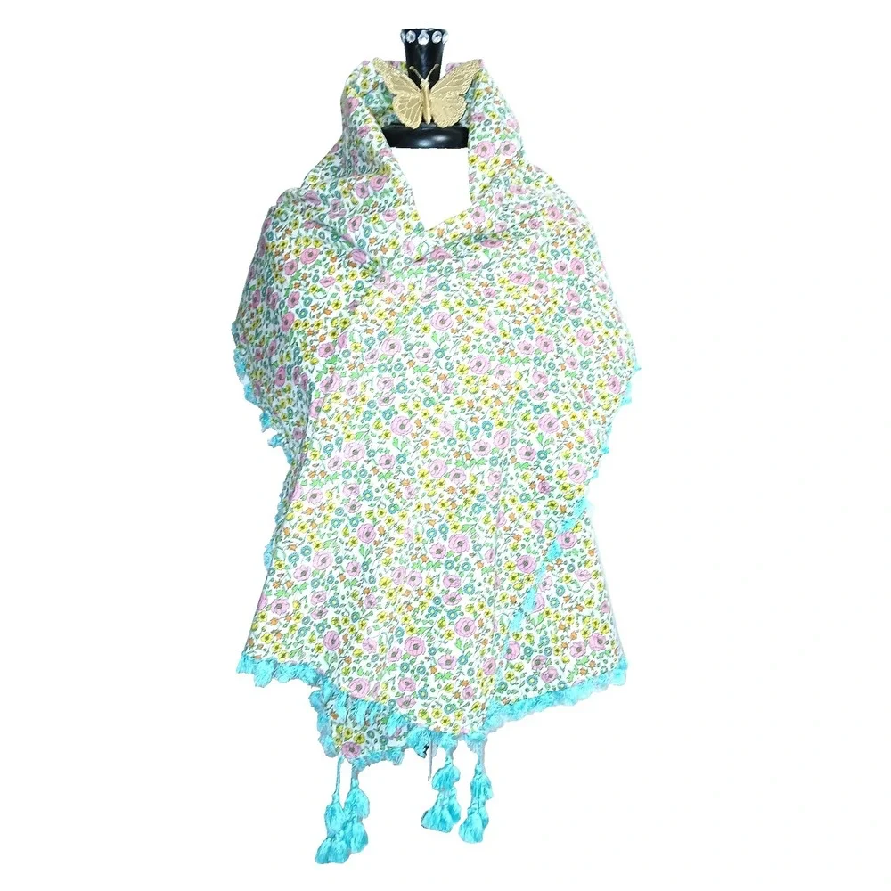 Liberty Of London For Target Women Shawl Wrap Pink Yellow Cotton Fringe Floral